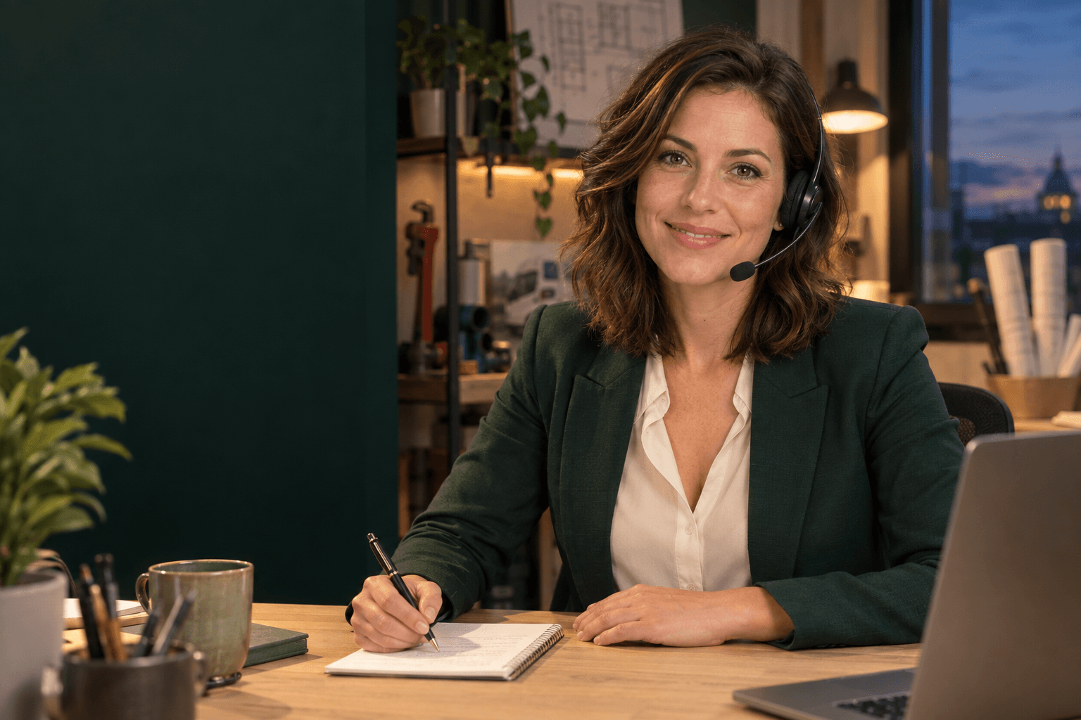 Portrait de la secrétaire digitale : une femme souriante avec un micro-casque, un stylo et un carnet de notes.